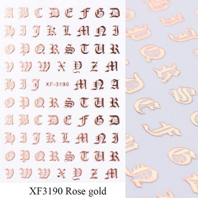 Letter 3D Decals Nail Art Stickers English Old Font Black Number Tattoo Nails Design Water Sliders Manicure Decoration 3D Nail Supplies Holographic Old English Character Nail Self-Adhesive Sticker English Font Design Manicure Decorations Accessories