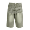 Light Green Jeans Double Belt Adjustable Buckle Shorts