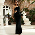 Long Sleeve Diagonal Collar Velvet Cutout Evening Dress
