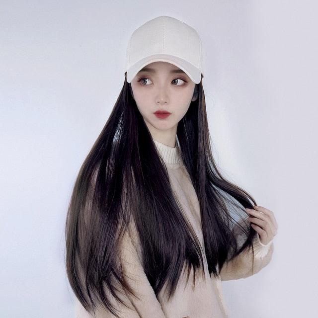 Long Straight Synthetic Baseball Cap Hair Wig Natural Black Brown Hat Wigs Natural Seamless Hair Extensions Wigs For Black Women Cosplay Wigs For Women Stevvex