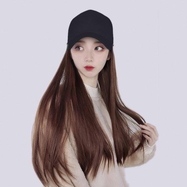 Long Straight Synthetic Baseball Cap Hair Wig Natural Black Brown Hat Wigs Natural Seamless Hair Extensions Wigs For Black Women Cosplay Wigs For Women Stevvex
