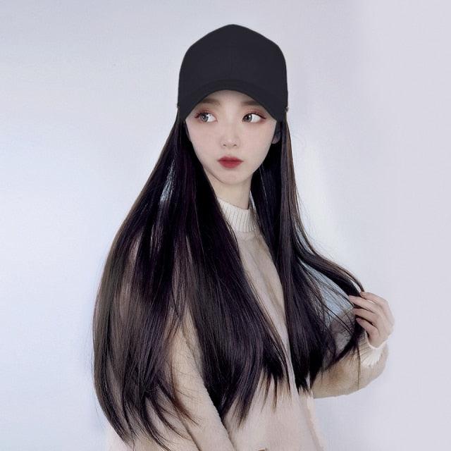Long Straight Synthetic Baseball Cap Hair Wig Natural Black Brown Hat Wigs Natural Seamless Hair Extensions Wigs For Black Women Cosplay Wigs For Women Stevvex
