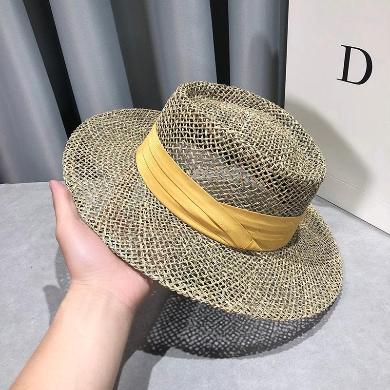 Luxurious New Handmade Straw Beach Hat For Women Summer Hat Luxury Cap Fashion Straw Hat Flat Sun Protection Hats Beautiful Unique Design 55-60cm Stevvex