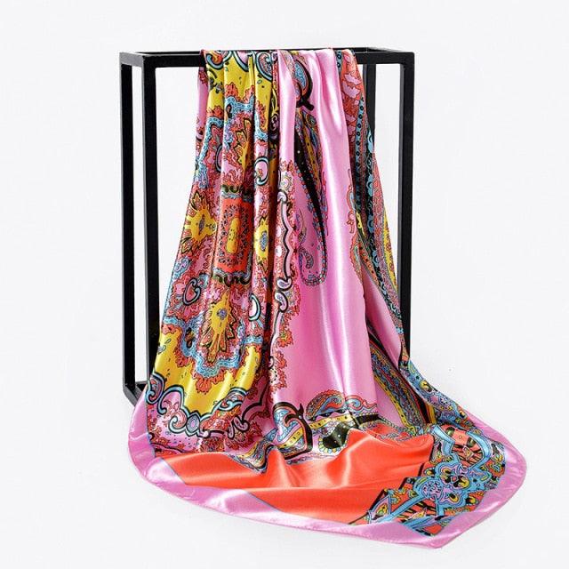 Luxury Long Soft Square Silk Scarves Lightweight Elegant Satin Silk Soft Head Wrap Escharpe Hijab Scarf Muslim Female Silky Shawls Wrap Hair Head Scarves Bandanna For  Women 90*90cm Stevvex