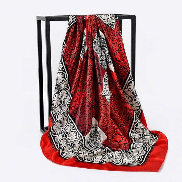 Luxury Long Soft Square Silk Scarves Lightweight Elegant Satin Silk Soft Head Wrap Escharpe Hijab Scarf Muslim Female Silky Shawls Wrap Hair Head Scarves Bandanna For  Women 90*90cm Stevvex