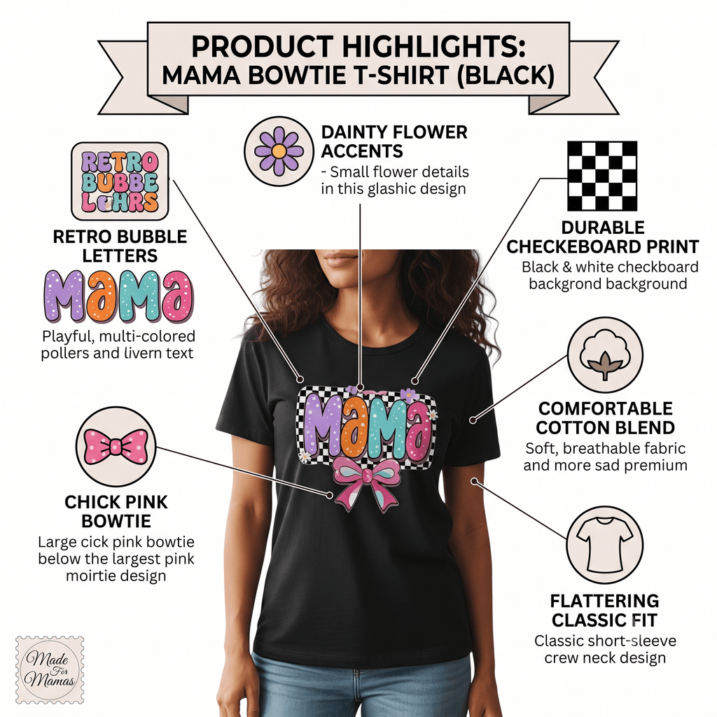 Mama T-Shirt Checkerboard Bow Graphic Tee 100% Cotton Casual Top
