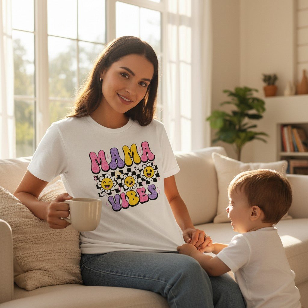 Colorful Smiley Daisies Mama Graphic Tee Soft Ring-Spun Cotton Everyday Style Top Dashing Nova