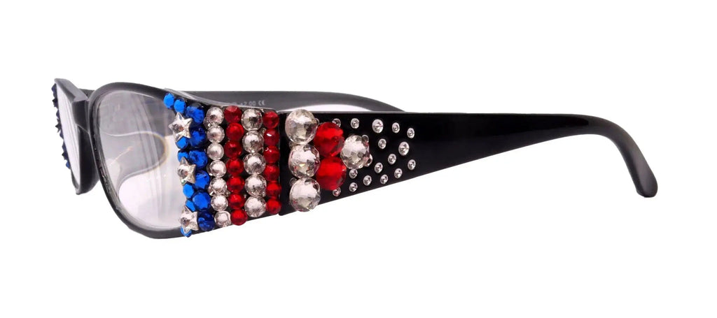 Merkel, Bling Women Reading Glasses, Adorned w Genuine European Crystals USA Flag colors NY Fifth Avenue.