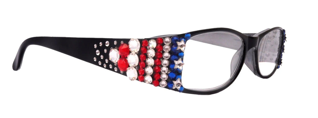 Merkel, Bling Women Reading Glasses, Adorned w Genuine European Crystals USA Flag colors NY Fifth Avenue.