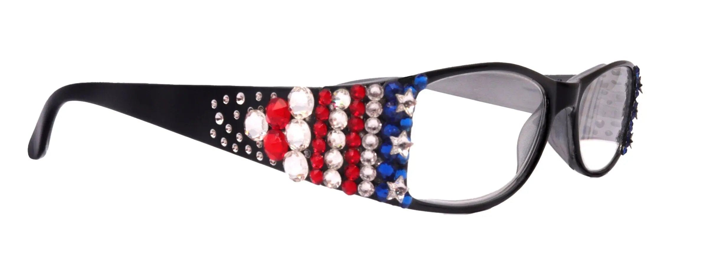 Merkel, Bling Women Reading Glasses, Adorned w Genuine European Crystals USA Flag colors NY Fifth Avenue.