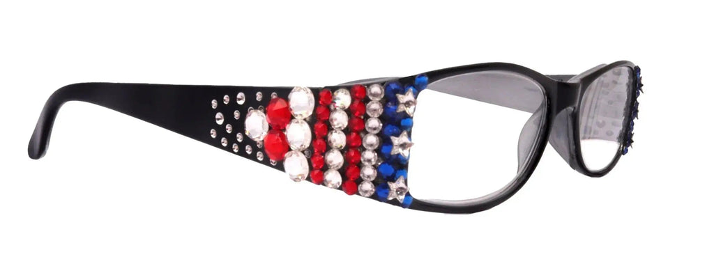Merkel, Bling Women Reading Glasses, Adorned w Genuine European Crystals USA Flag colors NY Fifth Avenue.