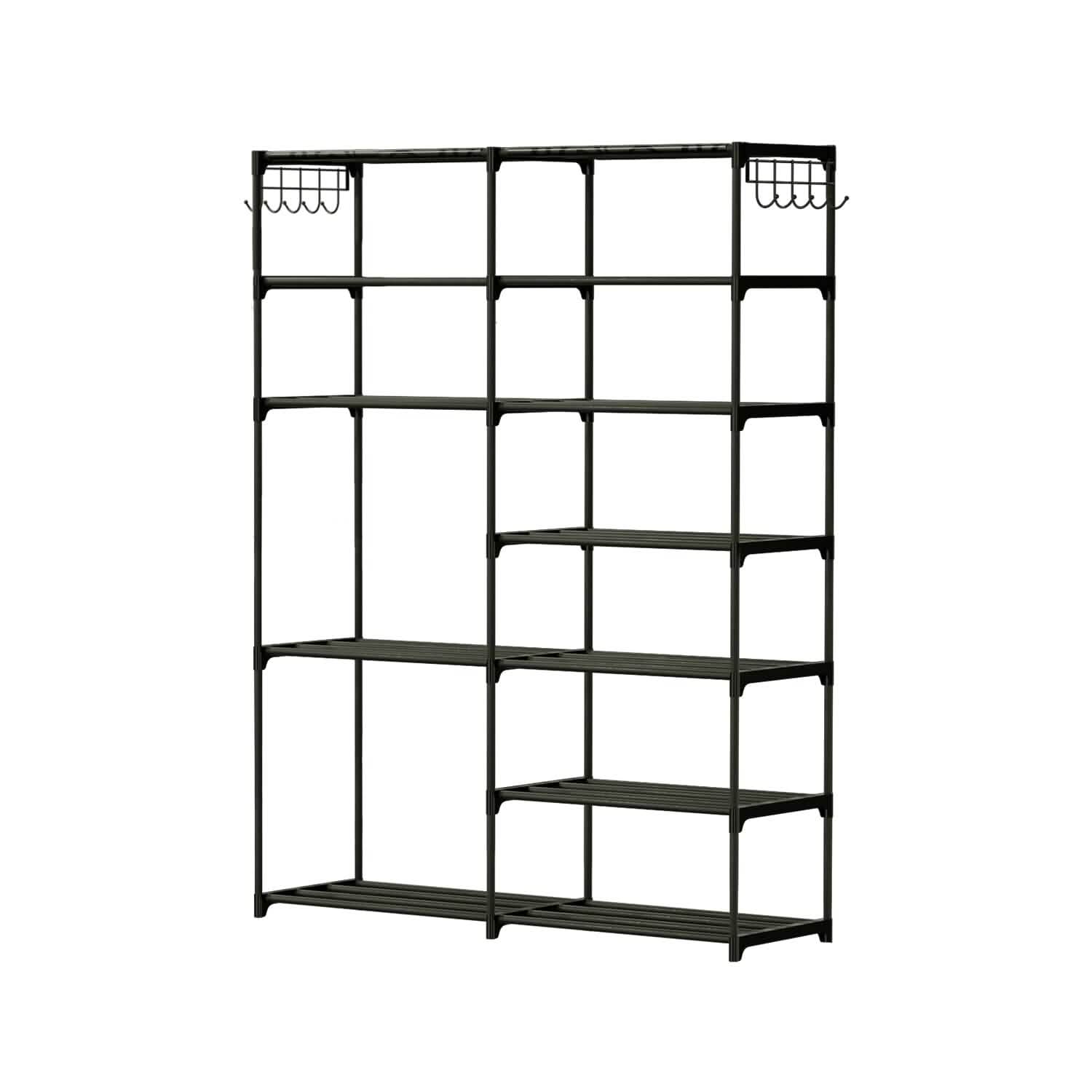 Metal Shoe Storage Shelf Free Standing Shoe Stand with 2 Row Hooks DailySale