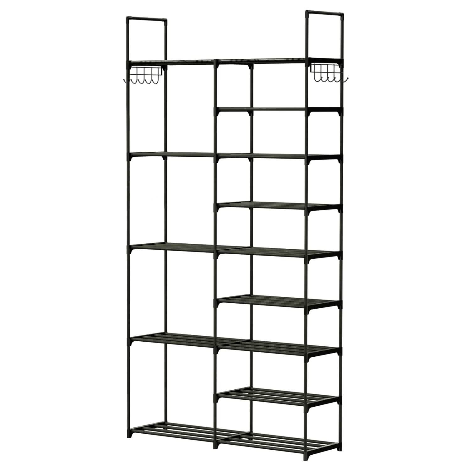 Metal Shoe Storage Shelf Free Standing Shoe Stand with 2 Row Hooks DailySale