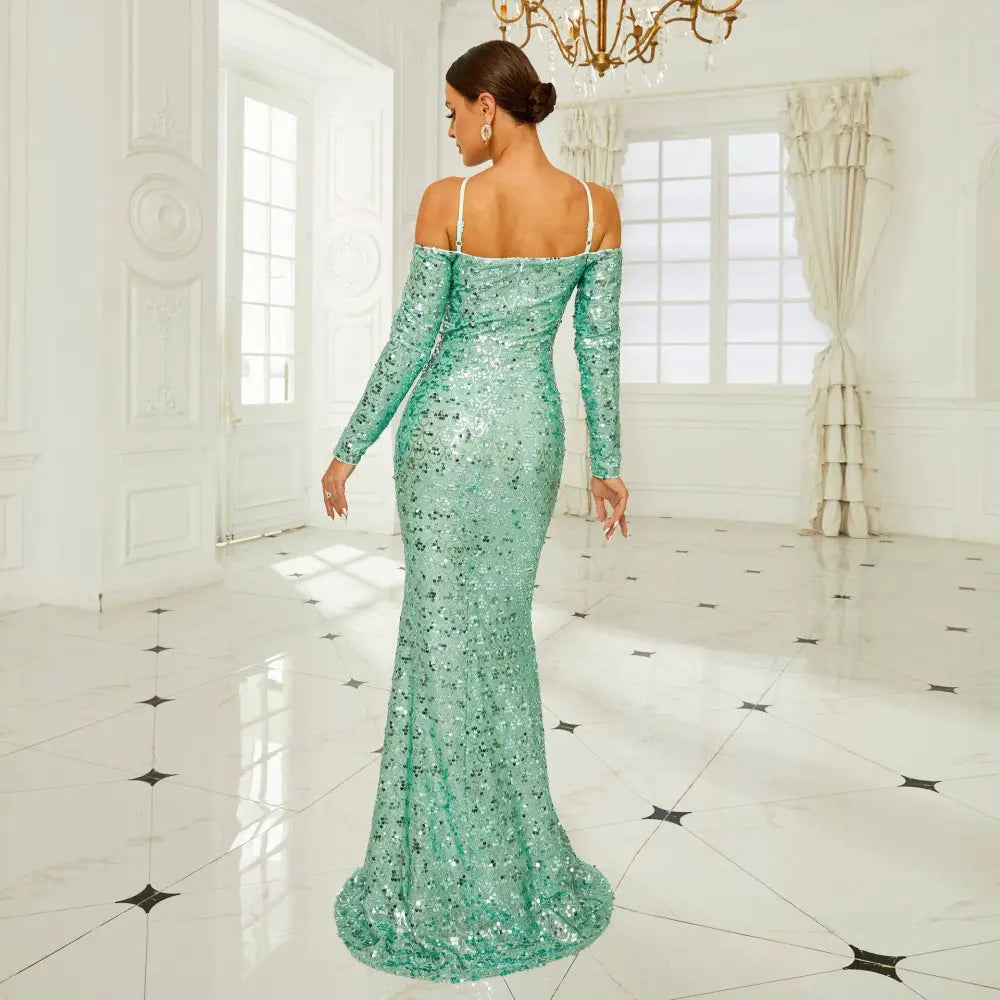 Mint Long Sleeve Sequined Sheath Fishtail Dress