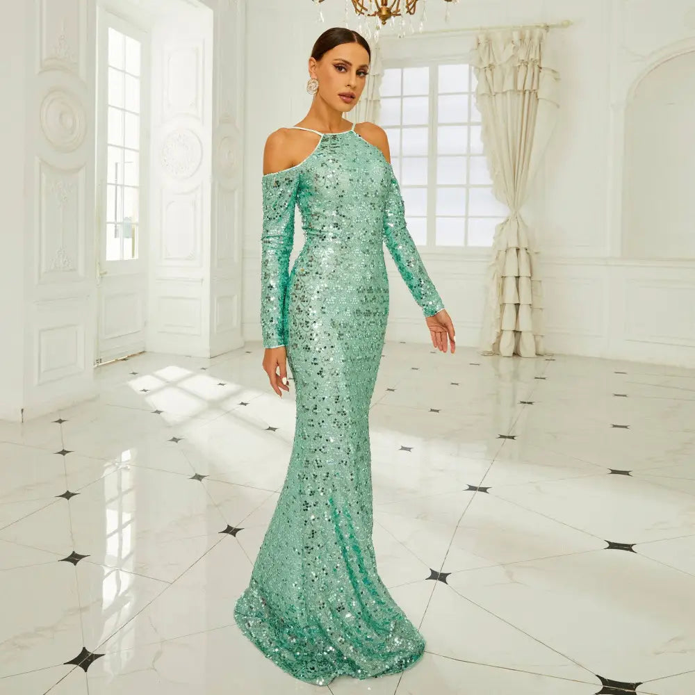 Mint Long Sleeve Sequined Sheath Fishtail Dress