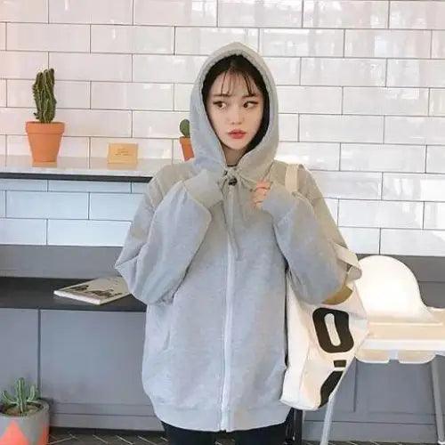 Modern With Hat Hoodies Women  Kangaroo Pocket Casual Loose Solid Color Sweatshirt Female  Fashion New Female Tops Sports Clothing Oversized Zip Hooded Sweatshirt Cotton Women Autumn Hoodie Stevvex