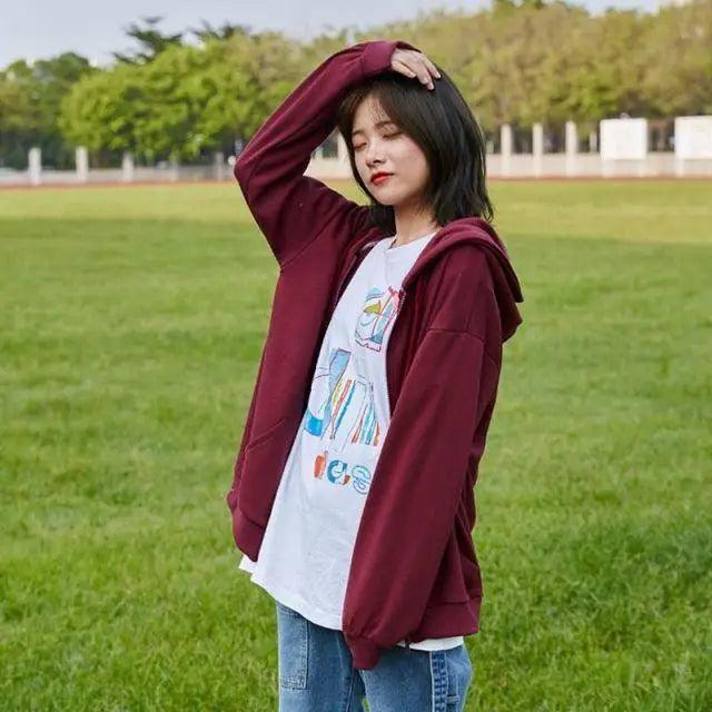 Modern With Hat Hoodies Women  Kangaroo Pocket Casual Loose Solid Color Sweatshirt Female  Fashion New Female Tops Sports Clothing Oversized Zip Hooded Sweatshirt Cotton Women Autumn Hoodie Stevvex