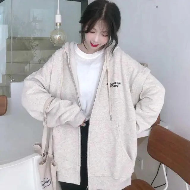 Modern With Hat Hoodies Women  Kangaroo Pocket Casual Loose Solid Color Sweatshirt Female  Fashion New Female Tops Sports Clothing Oversized Zip Hooded Sweatshirt Cotton Women Autumn Hoodie Stevvex