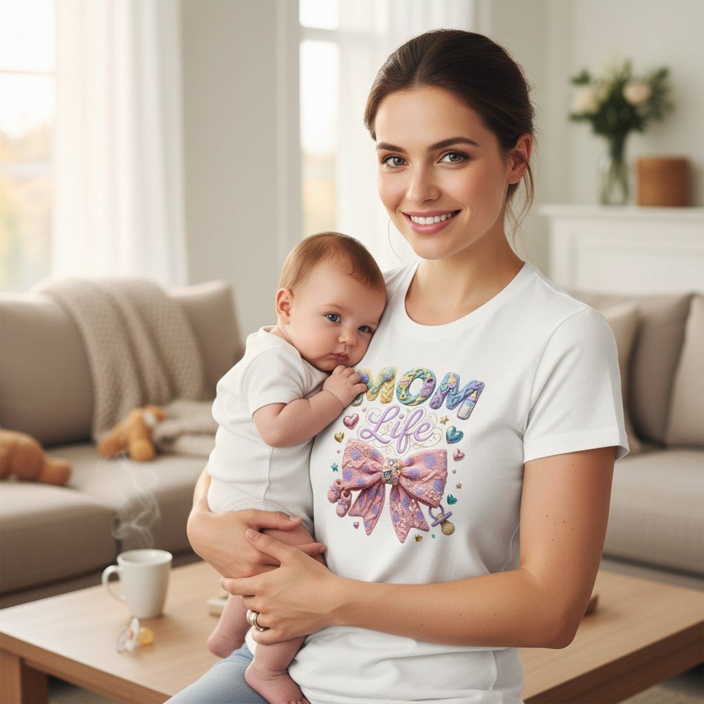 Mom Life T-Shirt Pastel Bow Graphic Tee 100% Cotton Casual Top
