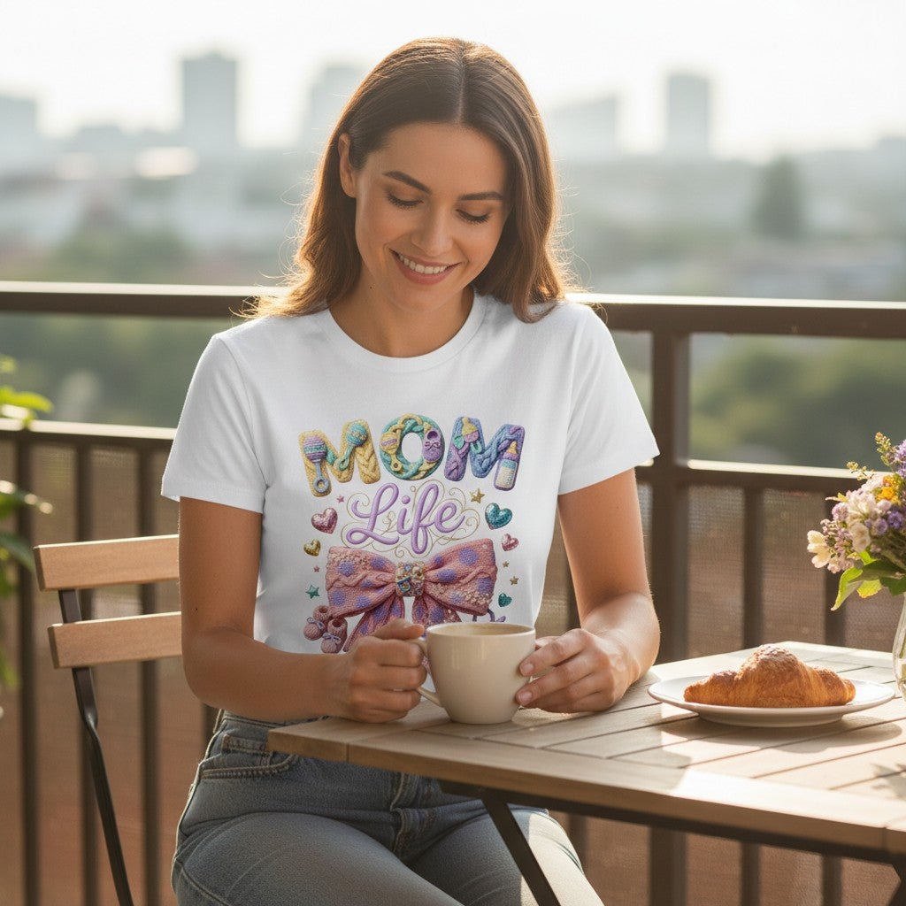 Mom Life T-Shirt Pastel Bow Graphic Tee 100% Cotton Casual Top