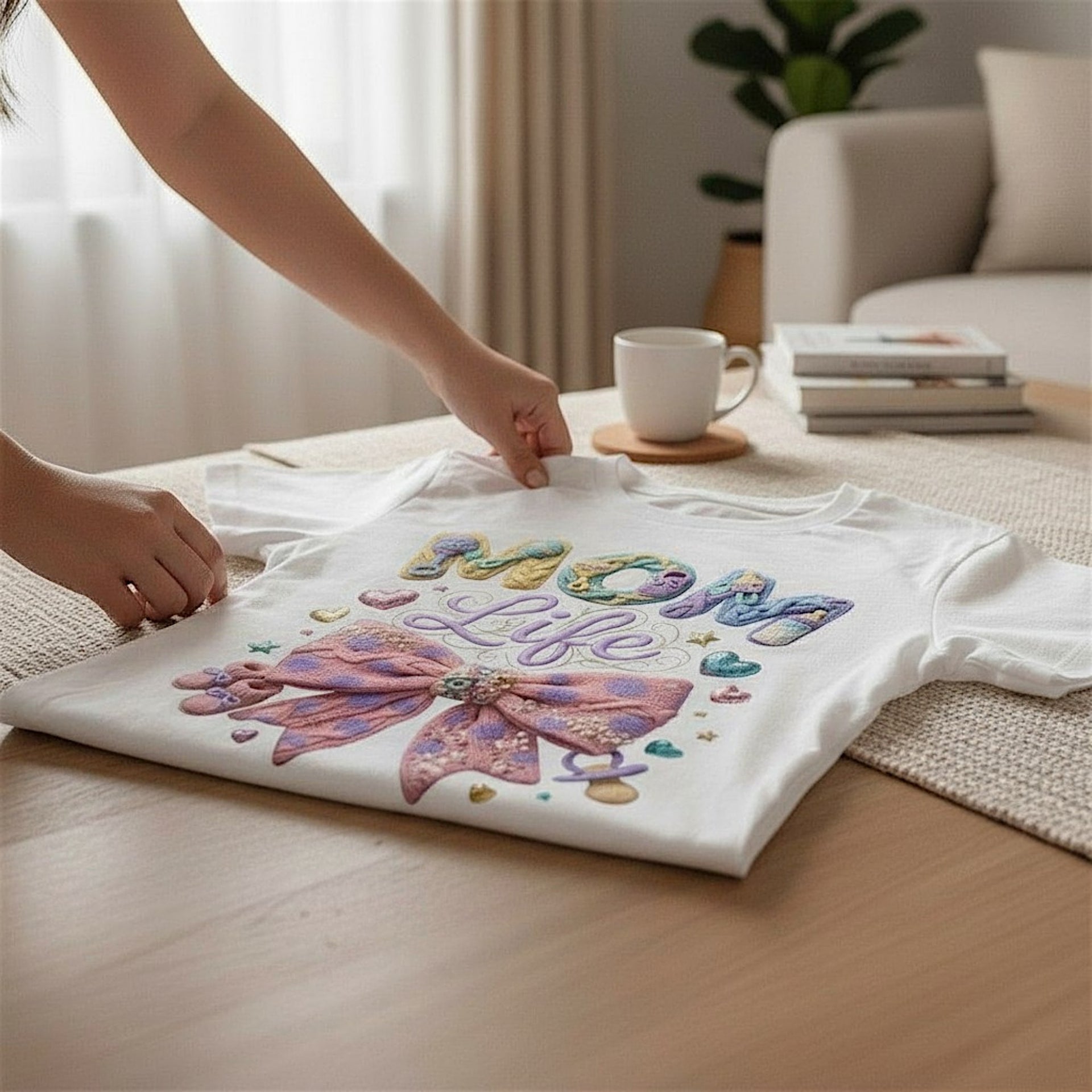 Mom Life T-Shirt Pastel Bow Graphic Tee 100% Cotton Casual Top