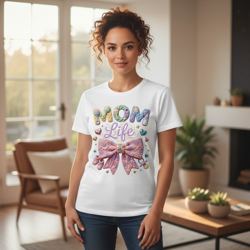 Mom Life T-Shirt Pastel Bow Graphic Tee 100% Cotton Casual Top