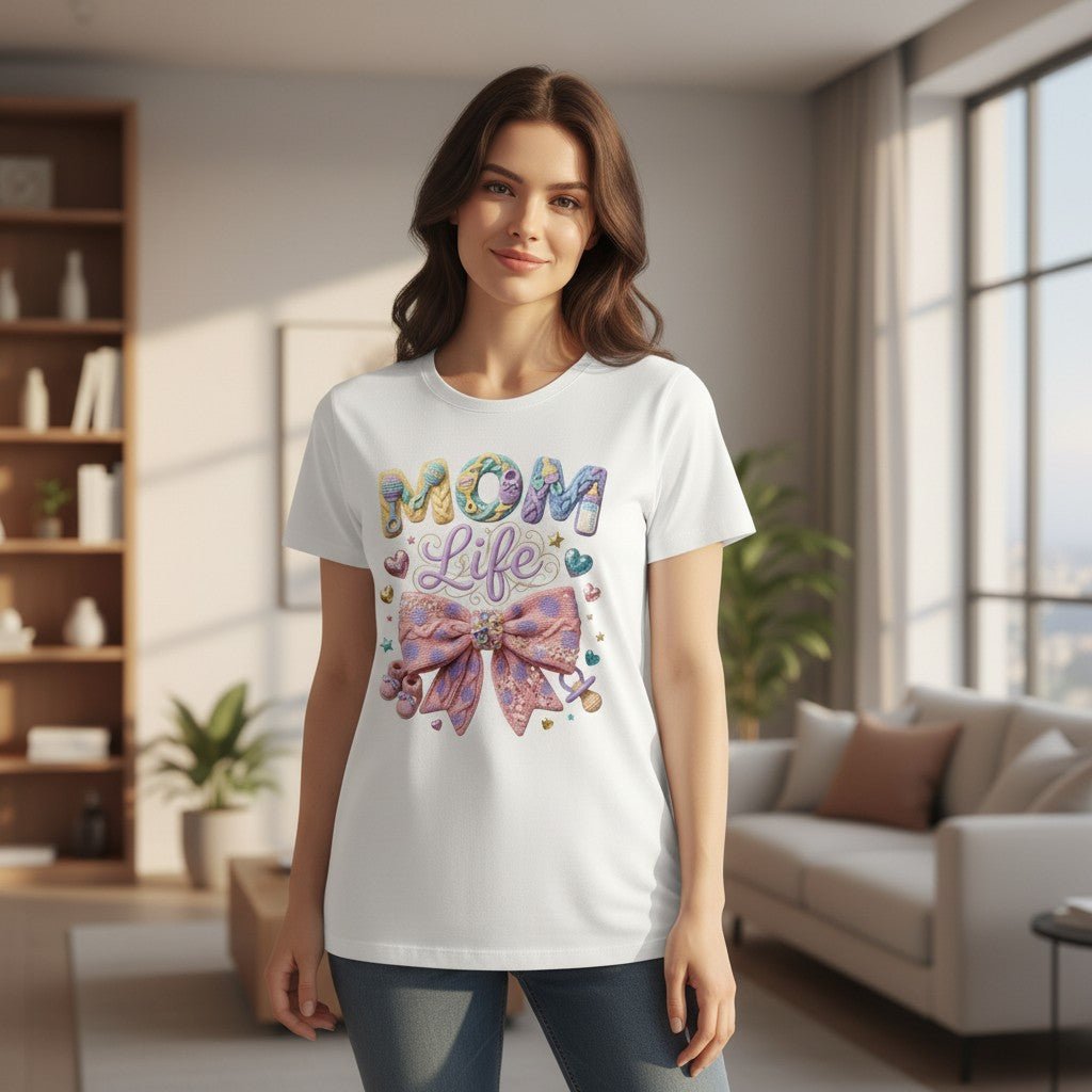 Mom Life T-Shirt Pastel Bow Graphic Tee 100% Cotton Casual Top
