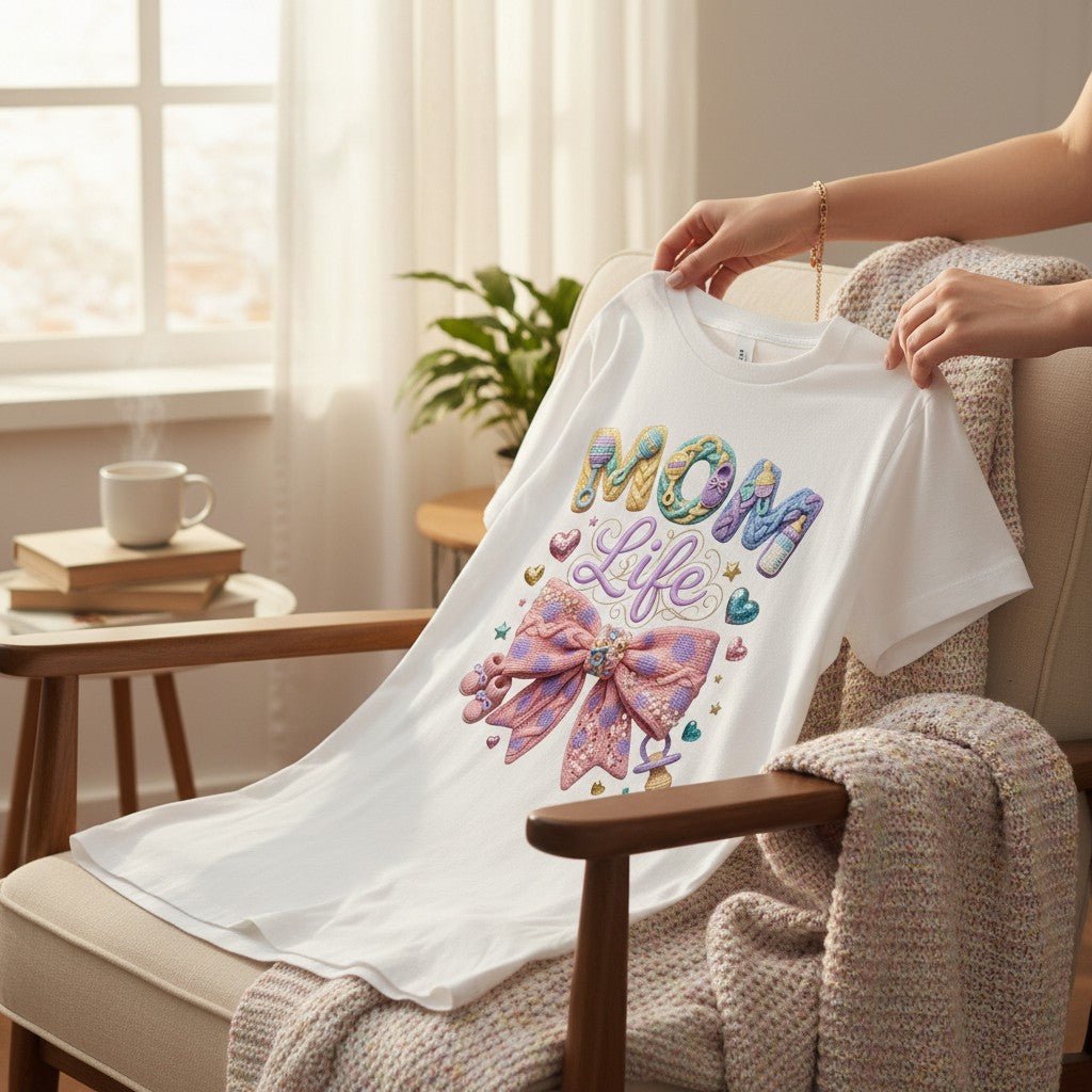 Mom Life T-Shirt Pastel Bow Graphic Tee 100% Cotton Casual Top