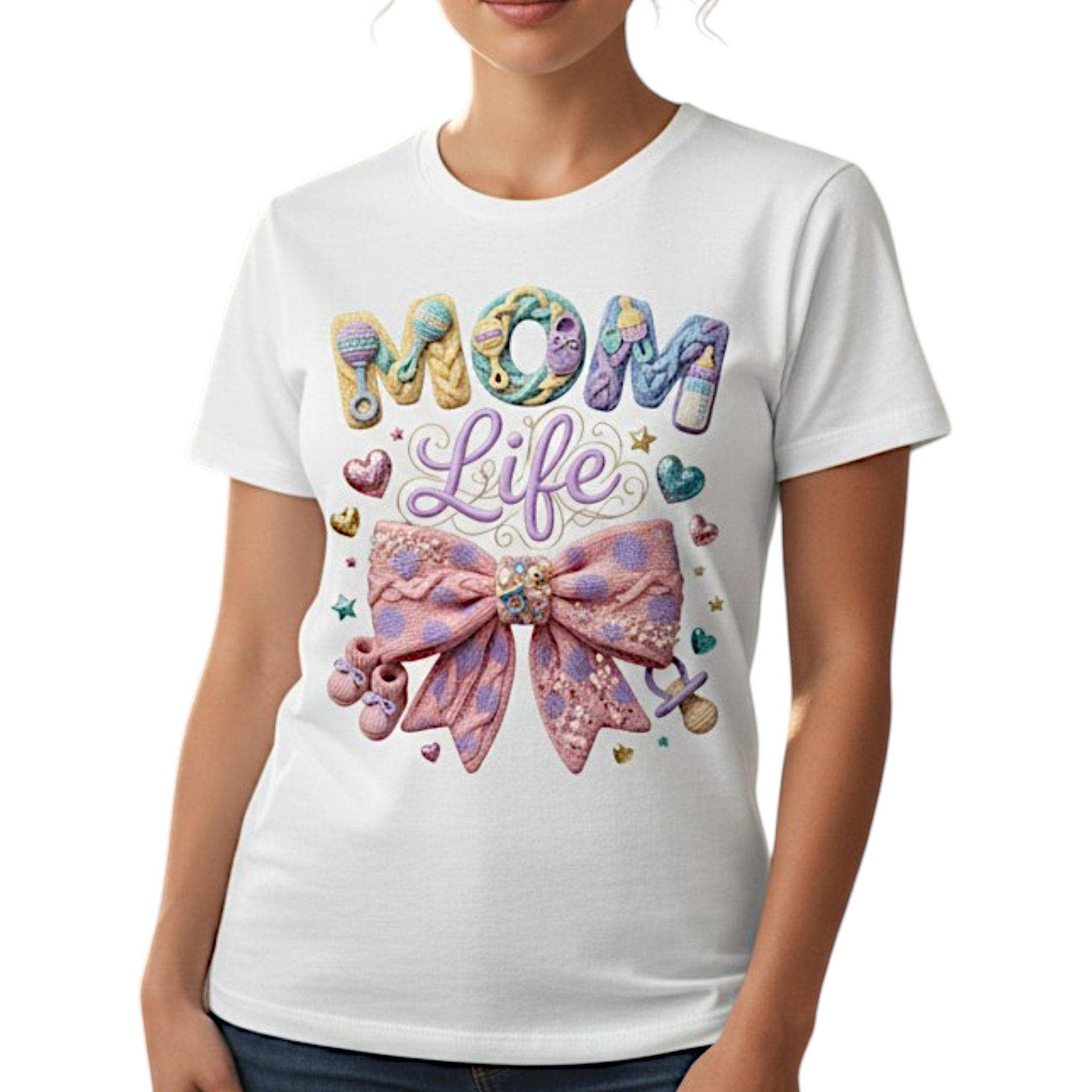 Mom Life T-Shirt Pastel Bow Graphic Tee 100% Cotton Casual Top