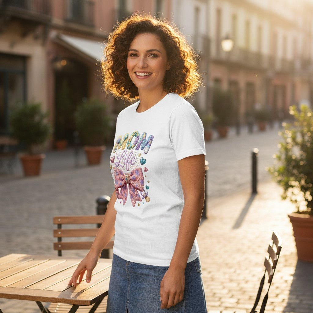 Mom Life T-Shirt Pastel Bow Graphic Tee 100% Cotton Casual Top