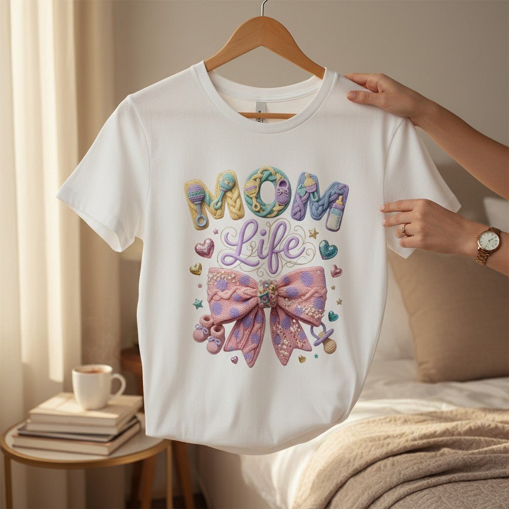 Mom Life T-Shirt Pastel Bow Graphic Tee 100% Cotton Casual Top