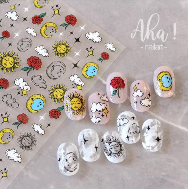 Nail Glue Stickers Stars Moon Cartoon Rabbit Panda Flower Nail Decoration Decals Nail Sticker Nail Art Decorations Design Decoration Acrylic Nail Supplies Designer Nail Decorations for Women Girls Kids 3D Nail Art Stickers Decals