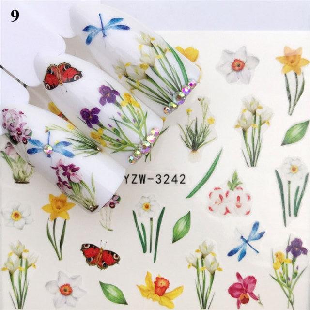 Nail Water Sticker Flower Flamingo Beauty Slider Bloom Colorful Plant Pattern 3D Manicure Sticker Nail Art Decorations Luxurious Nail Art Decoration White Feather Lace Flower Leaf Carving Design Exquisite Pattern Nail Art Supplies Self-Adhesive Nail