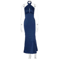 Navy Blue Elegant Backless Sleeveless Satin Gown