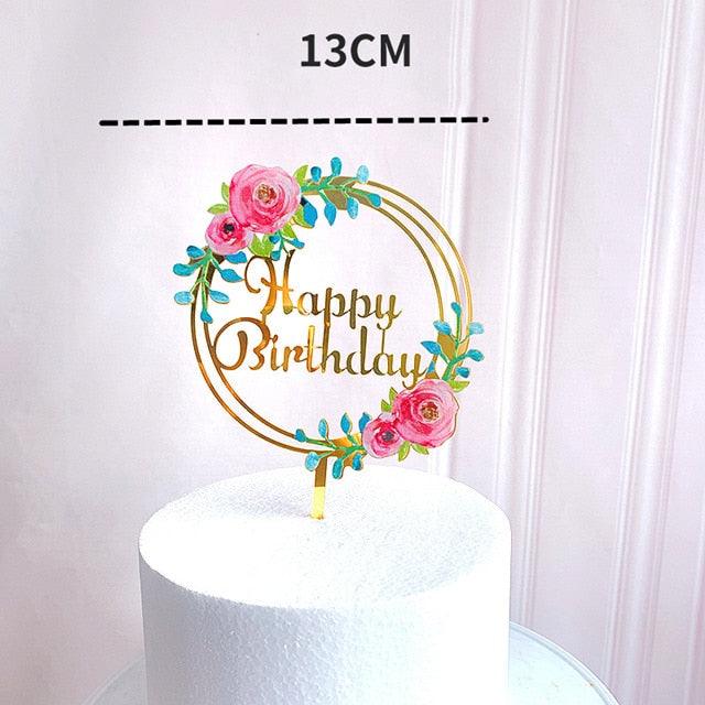 New Colored Flowers Happy Birthday Cake Topper Happy Birthday Cake Topper Acrylic With Flowers Cupcake Topper For Various Birthday Party Cake Decorations Golden Acrylic Birthday Party Dessert Decoration For Baby Shower Baking Supplies Stevvex
