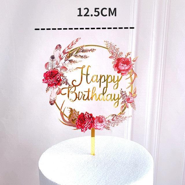 New Colored Flowers Happy Birthday Cake Topper Happy Birthday Cake Topper Acrylic With Flowers Cupcake Topper For Various Birthday Party Cake Decorations Golden Acrylic Birthday Party Dessert Decoration For Baby Shower Baking Supplies Stevvex