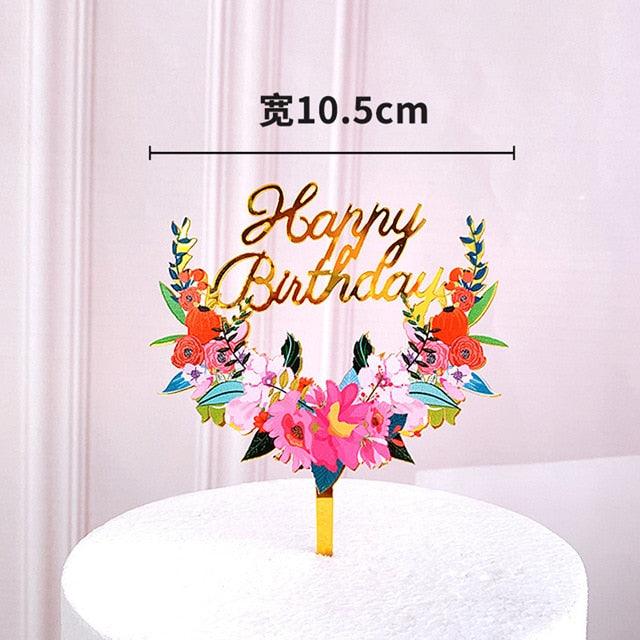 New Colored Flowers Happy Birthday Cake Topper Happy Birthday Cake Topper Acrylic With Flowers Cupcake Topper For Various Birthday Party Cake Decorations Golden Acrylic Birthday Party Dessert Decoration For Baby Shower Baking Supplies Stevvex