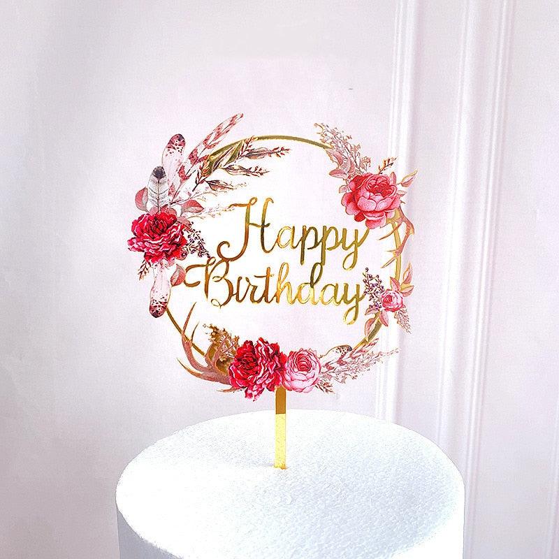 New Colored Flowers Happy Birthday Cake Topper Happy Birthday Cake Topper Acrylic With Flowers Cupcake Topper For Various Birthday Party Cake Decorations Golden Acrylic Birthday Party Dessert Decoration For Baby Shower Baking Supplies Stevvex
