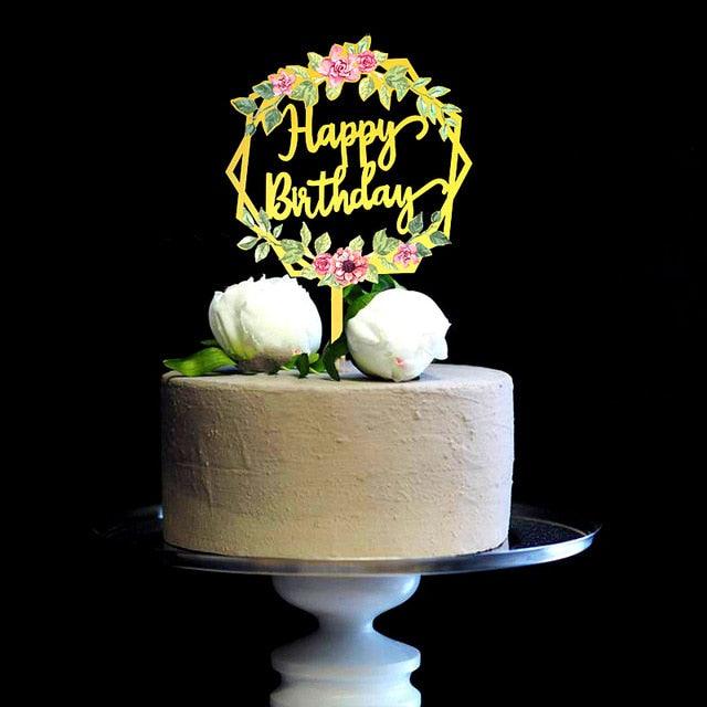 New Colored Flowers Happy Birthday Cake Topper Happy Birthday Cake Topper Acrylic With Flowers Cupcake Topper For Various Birthday Party Cake Decorations Golden Acrylic Birthday Party Dessert Decoration For Baby Shower Baking Supplies Stevvex