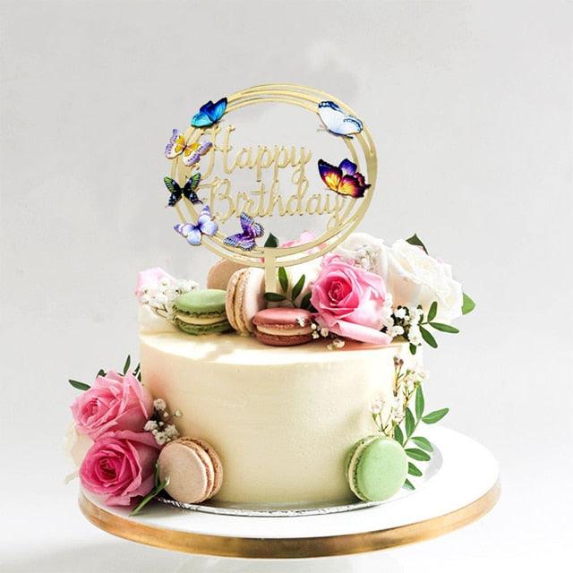 New Colored Flowers Happy Birthday Cake Topper Happy Birthday Cake Topper Acrylic With Flowers Cupcake Topper For Various Birthday Party Cake Decorations Golden Acrylic Birthday Party Dessert Decoration For Baby Shower Baking Supplies Stevvex