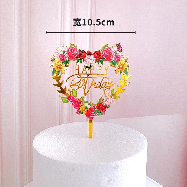 New Colored Flowers Happy Birthday Cake Topper Happy Birthday Cake Topper Acrylic With Flowers Cupcake Topper For Various Birthday Party Cake Decorations Golden Acrylic Birthday Party Dessert Decoration For Baby Shower Baking Supplies Stevvex