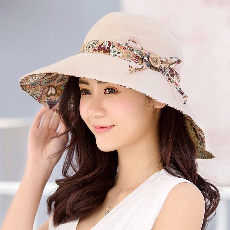New Fashionable Women Sun Hat Summer Hat Foldable Ladies Wide Large Brim Floppy Folding Summer Beach Sun Hat Comfortable Cotton Cap Anti-UV Big Summer Biking Beach Hat Fashion Sun Hat Stevvex