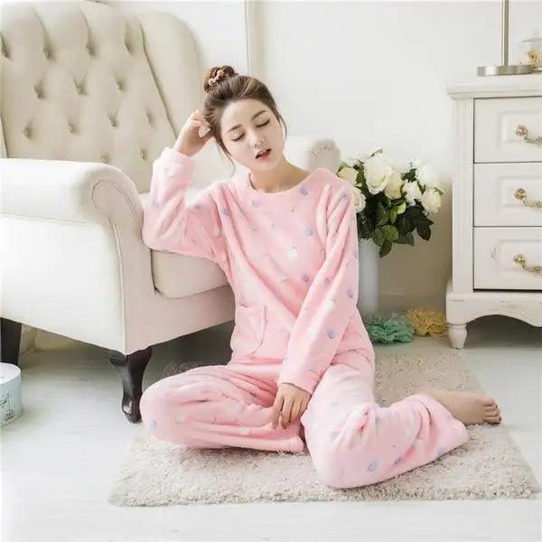 New Flannel Pajamas Nightwear Sleepwear Set Winter Warm Simple Long Sleeve Leisure Pure Color Lovely Women Home Wear Suit Pajama Set Warm Flannel Pajamas Set For Women Thick Coral Velvet Long Sleeve Pajamas Sets