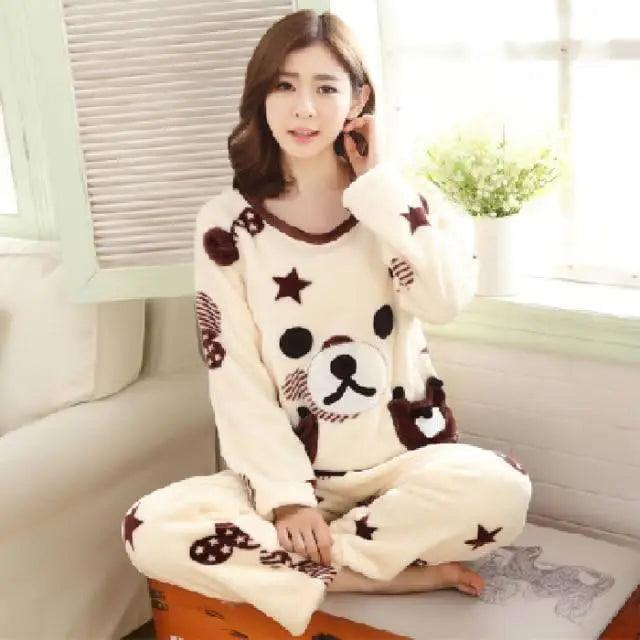 New Flannel Pajamas Nightwear Sleepwear Set Winter Warm Simple Long Sleeve Leisure Pure Color Lovely Women Home Wear Suit Pajama Set Warm Flannel Pajamas Set For Women Thick Coral Velvet Long Sleeve Pajamas Sets