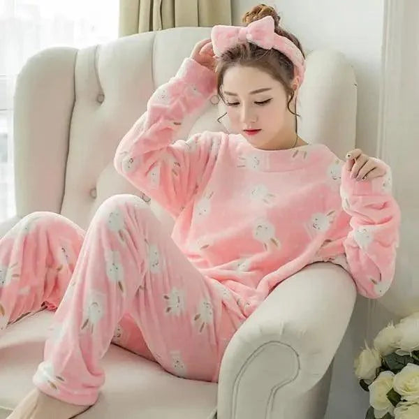 New Flannel Pajamas Nightwear Sleepwear Set Winter Warm Simple Long Sleeve Leisure Pure Color Lovely Women Home Wear Suit Pajama Set Warm Flannel Pajamas Set For Women Thick Coral Velvet Long Sleeve Pajamas Sets