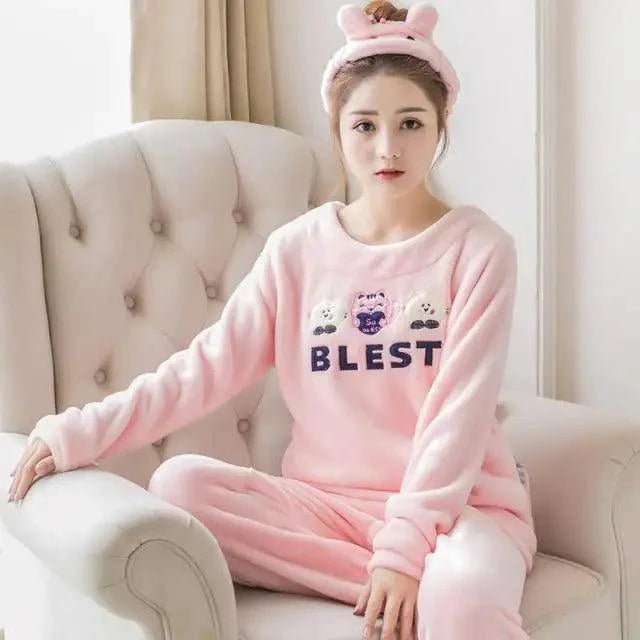 New Flannel Pajamas Nightwear Sleepwear Set Winter Warm Simple Long Sleeve Leisure Pure Color Lovely Women Home Wear Suit Pajama Set Warm Flannel Pajamas Set For Women Thick Coral Velvet Long Sleeve Pajamas Sets