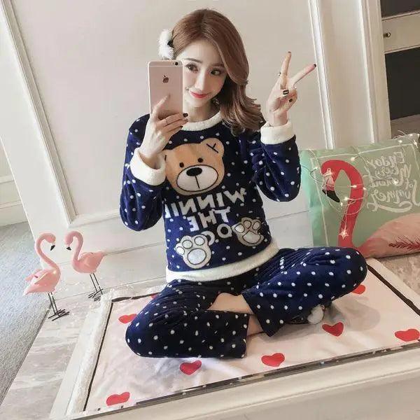 New Flannel Pajamas Nightwear Sleepwear Set Winter Warm Simple Long Sleeve Leisure Pure Color Lovely Women Home Wear Suit Pajama Set Warm Flannel Pajamas Set For Women Thick Coral Velvet Long Sleeve Pajamas Sets