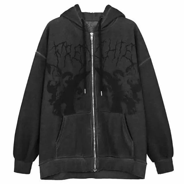 New Trendy Vintage Hip Hop Streetwear Women Hoodies Angel Dark Print Zipper Jacket Coat Hooded Top Clothes Men Women Punk Outwear Stevvex