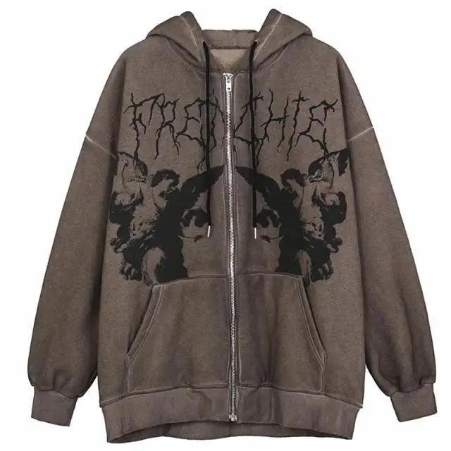 New Trendy Vintage Hip Hop Streetwear Women Hoodies Angel Dark Print Zipper Jacket Coat Hooded Top Clothes Men Women Punk Outwear Stevvex