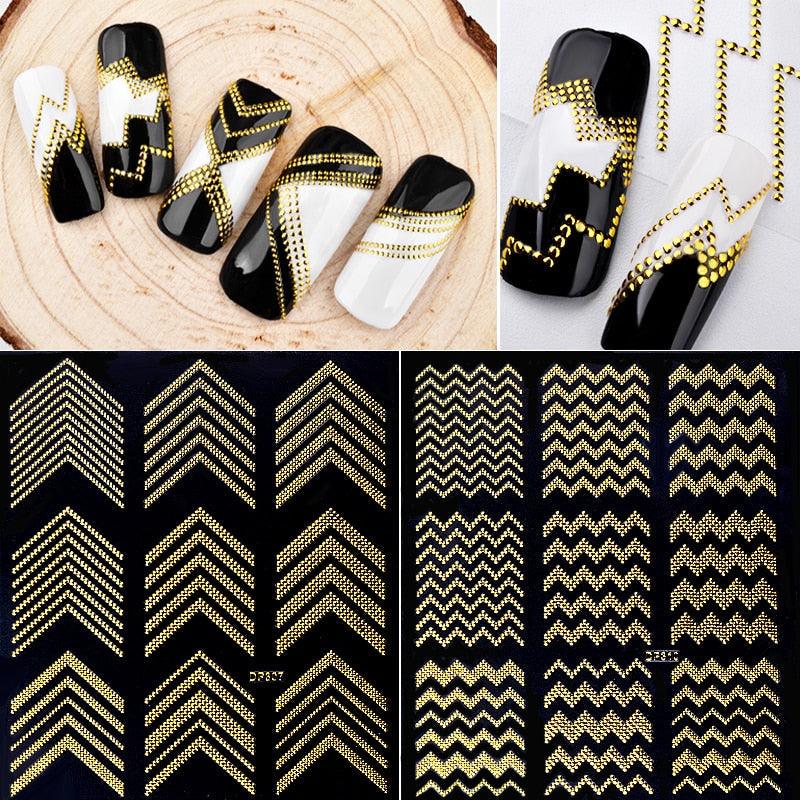 New Vintage Gold Metal Foil Decal Rose Flowers Butterfly Letter Designs Nail Stickers Decorations Metallic Curve Strip Line Nail Decal Self-Adhesive 3D Wave Design Decoration for Women Girls Adhesive Striping Tape Nail Art Stickers